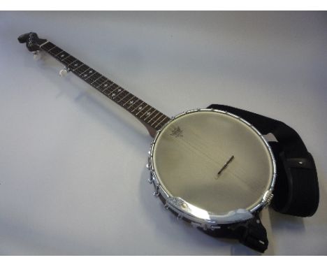 A CASED GRAFTON FIVE STRING BANJO, with rosewood fingerboard and mother of pearl inlays and a stand