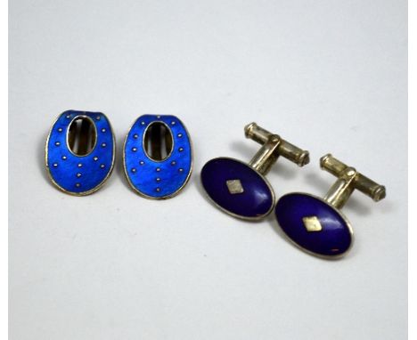 TWO ITEMS OF JEWELLERY, to include a pair of enamel clip earrings together with a pair of silver cufflinks, hallmarks for Bir