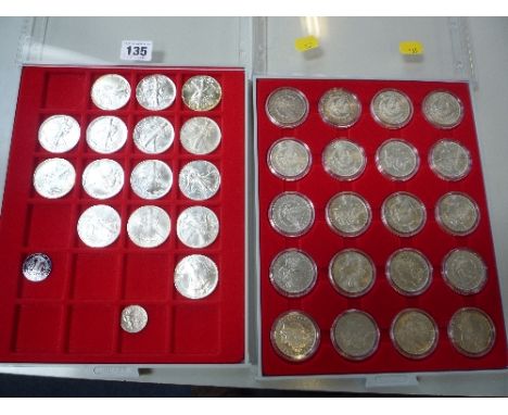 TWO COIN TRAYS CONTAINING TWENTY MORGAN DOLLAR COINS, and fifteen Walking Liberty Dollars, some with high grades