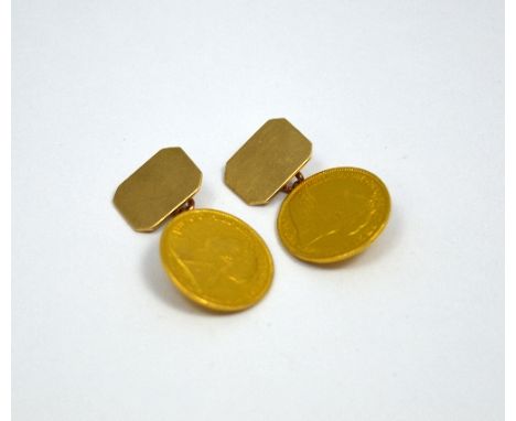 A PAIR OF CUFFLINKS, with half sovereigns, dated 1893 and 1899