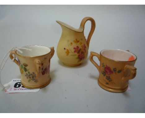 TWO MINIATURE ROYAL WORCESTER TYGS, and a miniature jug, blush ivory design (3)