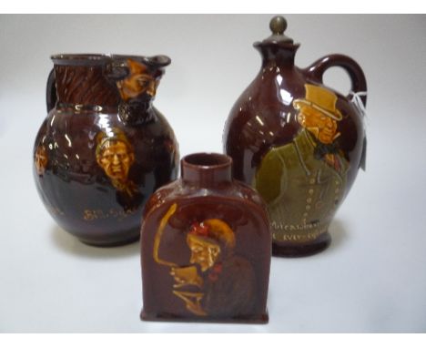 THREE ITEMS OF ROYAL DOULTON KINGSWARE, to include Dewar's whisky flask, tea caddy and jug (3)