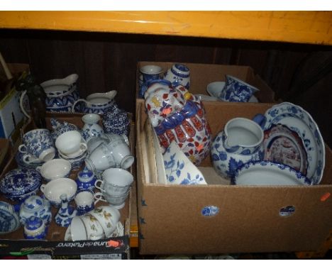 THREE BOXES OF CERAMICS AND LOOSE BLUE AND WHITE, etc, to include Meissen plate, Spode dish etc