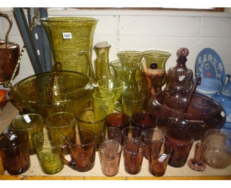 VARIOUS YELLOW AND PURPLE COLOURED STUDIO STYLE GLASSWARES, vases, punch bowl, ladle, glasses etc