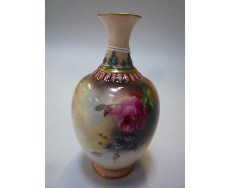 A SMALL HADLEYS ROYAL WORCESTER BUD VASE, decorated with roses, height approximately 11cm (restorations)