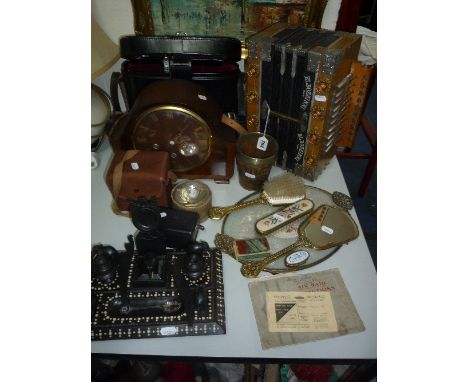 VARIOUS COLLECTABLES, to include 'Elbozzinni' accordion, petit point brush set, cameras, clock etc