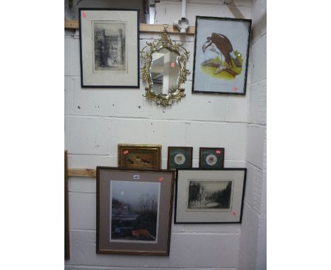 VARIOUS PICTURES AND BRASS FRAMED MIRROR, to include Limited Edition Trevor Boult print, two pen and ink pictures etc (8)