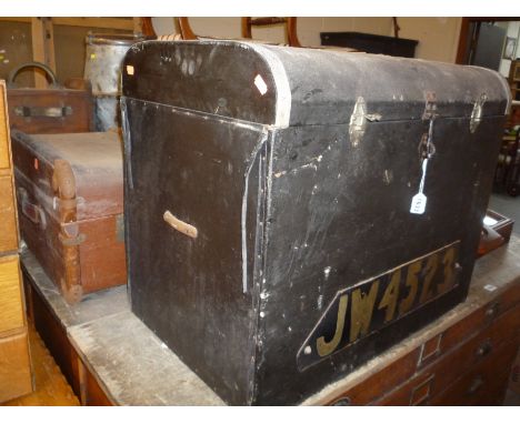 A VINTAGE CAR TRAVELLING TRUNK, (believed to be from Austin 10) and another travelling trunk (2)