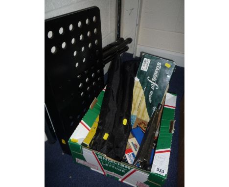 A BOX CONTAINING FOUR HOHNER HARMONICAS, one Barclay harmonica, two footstands, two soft cased music stands, another boxed st
