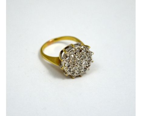 A RING, within a circular shape cluster, stones test as cubic zirconia, moissanite and diamond, to the plain tapered shank, h