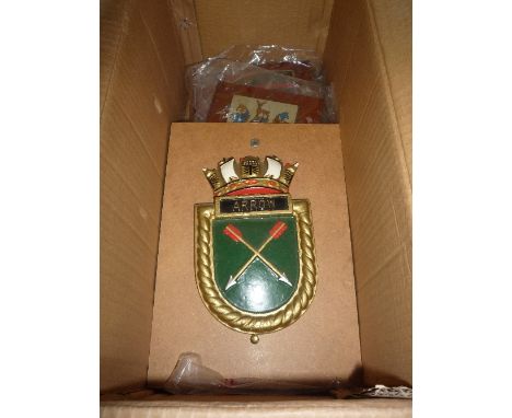A BOX CONTAINING NINE MILITARY PRESENTATION/DISPLAY PLAQUES, all on wooden shield designs, Royal Armoured Corps, Juniors Lead
