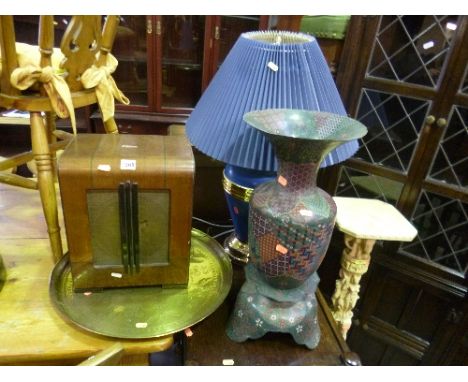 A VINTAGE SPEAKER, plant stand, metal vase and a table lamp etc (5)