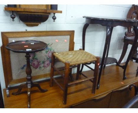 A MAHOGANY WINE TABLE, oak cake stand, occasional table, firescreen and a stool (5)