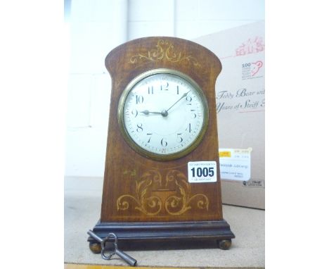 AN INLAID MANTEL CLOCK, (key), height approximately 23.5cm