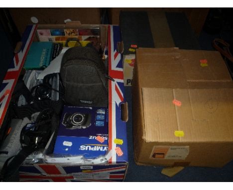 A BOX OF CAMERA EQUIPMENT AND ACCESSORIES, including an Olympus SP-560UZ Digital camera, with box, software and instructions,