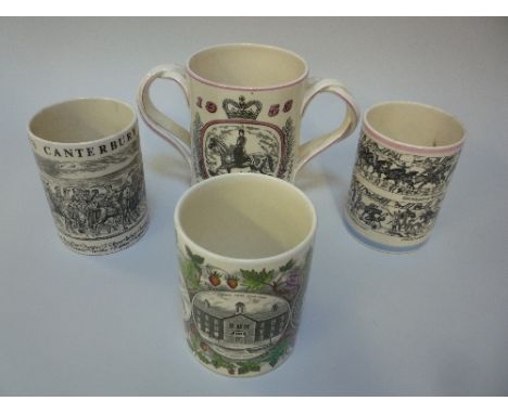 THREE WEDGWOOD COMMEMORATIVE TANKARDS, 'Bayeux Tapestry', 'Geoffrey Chaucer' and 'Josiah Wedgwood' and a large Loving Cup, Co