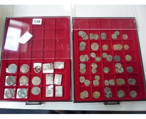 TWO COIN TRAYS WITH MANY MEDIEVAL COINS, 6 Bars for China Soldiers Pay Qing Dynasty, Roman Sestertius Double Headed George V 