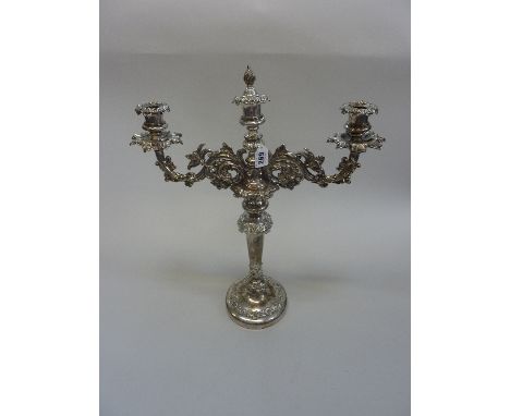 AN OLD SHEFFIELD PLATE STYLE TWO BRANCH THREE LIGHT CANDELABRUM, scrolling foliate branches