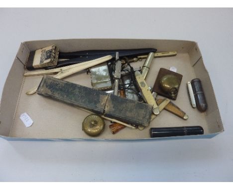 A SMALL BOX OF MISCELLANEOUS, to include a mother of pearl penknife, other penknives and vestas etc