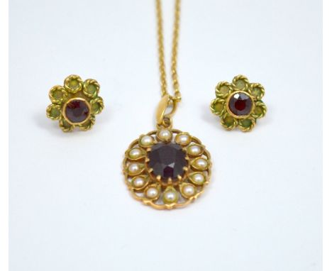 A PENDANT AND EARRINGS, a garnet and pearl pendant necklace together with a pair of earrings, pendant stamped 9ct, length 41c