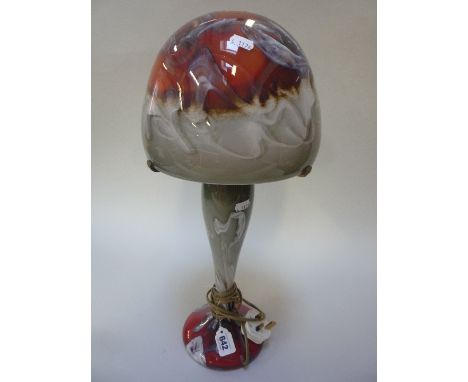 A STUDIO STYLE GLASS TABLE LAMP, shaped as a mushroom, grey and red design, height approximately 54cm