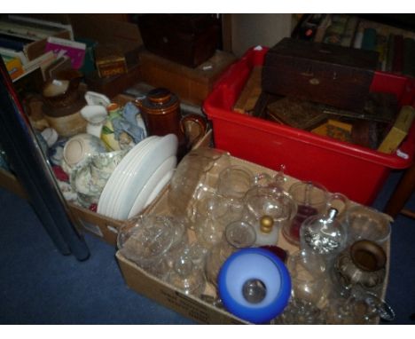THREE BOXES AND LOOSE CERAMICS, GLASS, WORK BOXES, TEA CADDY, etc