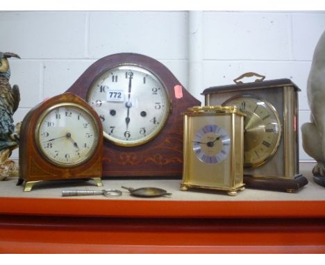 AN INLAID MANTEL CLOCK, (key and pendulum), another smaller and two other timepieces (4)
