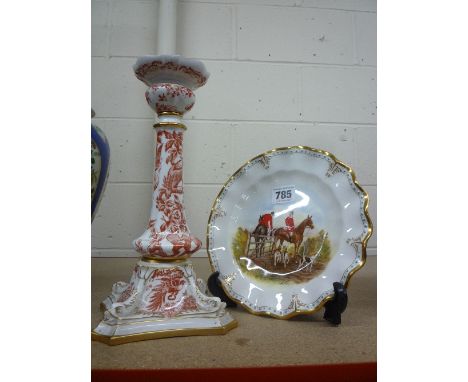 A ROYAL CROWN DERBY HUNTING SCENE CABINET PLATE, and a 'Red Aves' candlestick, height approximately 26.5cm (hairline) (2)