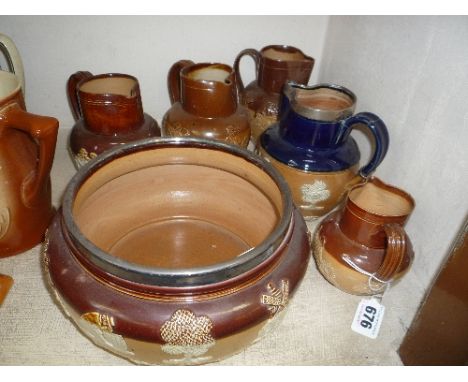 DOULTON LAMBETH SALTGLAZED JUGS AND BOWL, Tavern/hunting scenes and a Royal Doulton stoneware silver rimmed jug (s.d.) (6)