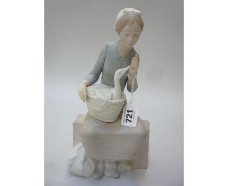 A NAO FIGURE GROUP, seated girl with duck in basket, matt finish