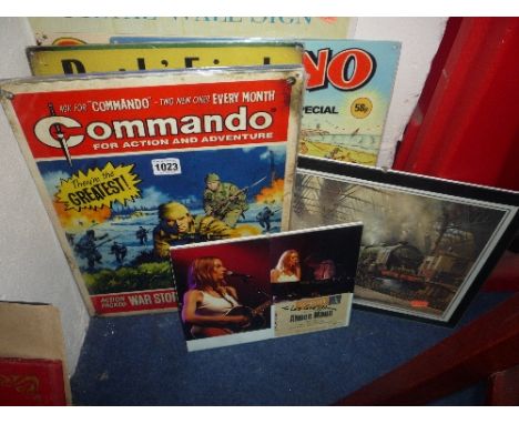 VARIOUS METAL ADVERTISING SIGNS, 'Commando', 'Beano', 'Peoples Friend' etc, a signed Aimee Man photo and Railway print