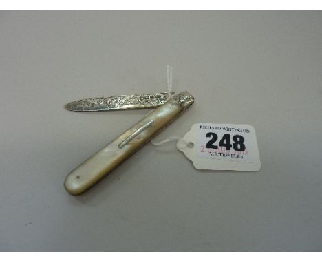 A SILVER MOTHER OF PEARL PENKNIFE, with fancy engraving to the blade, hallmarks for London, 1859