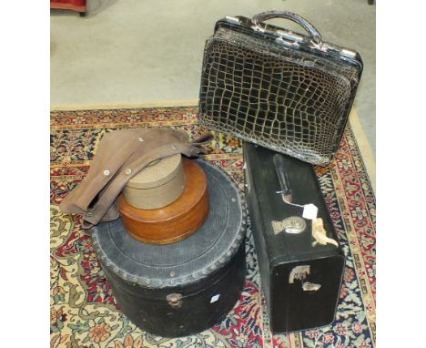 Vintage luggae: a brown crocodile folding case with polished white metal fittings and canvas outer bag marked "Frattelli Zann