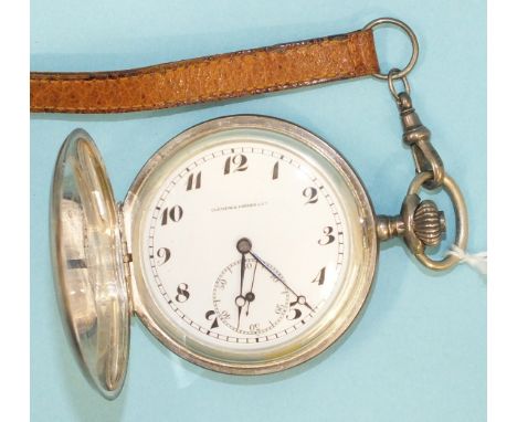 A Clèmence Frères & Cie Swiss silver-hunter-cased keyless pocket watch, the white enamel dial with Arabic numerals and second