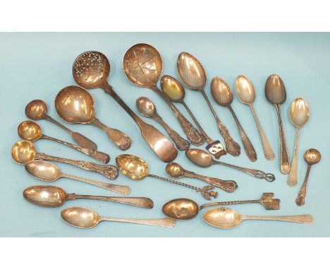 A William IV Scottish fiddle pattern sifter spoon, Edinburgh 1840, a Victorian caddy spoon and other miscellaneous teaspoons 