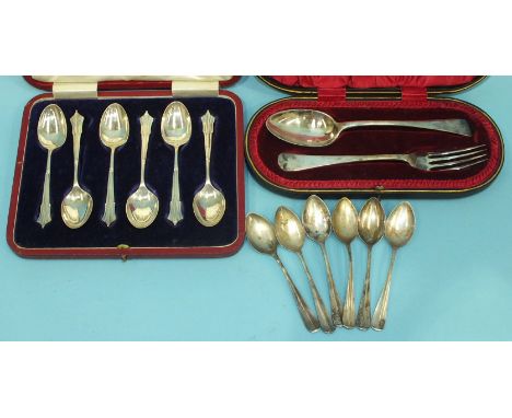 A cased set of six silver teaspoons, Sheffield 1907, six silver coffee spoons, Sheffield 1934 and a cased silver spoon and fo