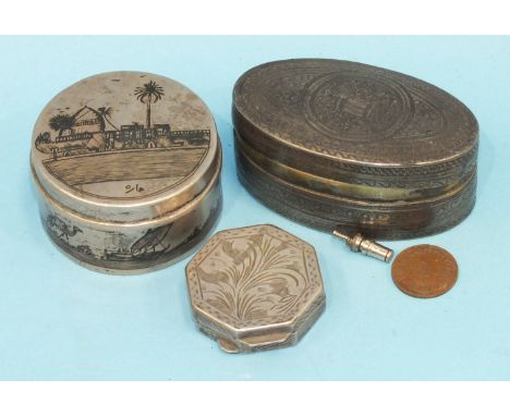 A Burmese circular pot and cover, 5cm, a Continental oval engraved snuff box and one other, (3).