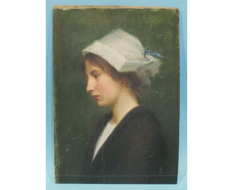 Sara Wells Page (British, 1855-1943) STUDY OF A YOUNG NURSE WEARING A WHITECAP AND HOLDING A BOOK, (reduced fragment) Oil on 