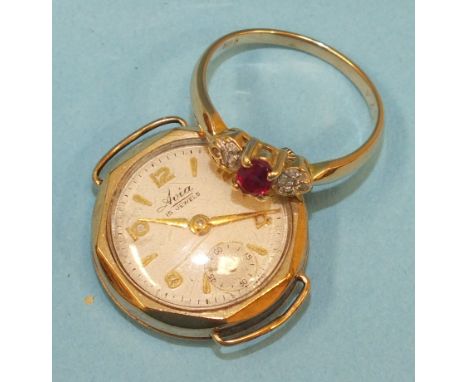 A ruby and diamond ring with 14ct gold mount, size O, 1.9g and a ladies 9ct-gold-cased Avia wrist watch, (2).