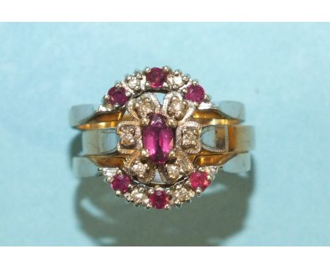 A set of three diamond and ruby rings composed of a cluster ring and two semi-circular rings, in 9ct gold mounts, size O, 5.6