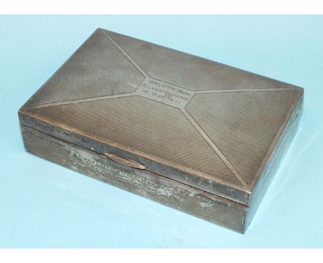 A rectangular engine-turned cigarette box with cedar lining, 17 x 11cm, 4cm high, Birmingham 1937.