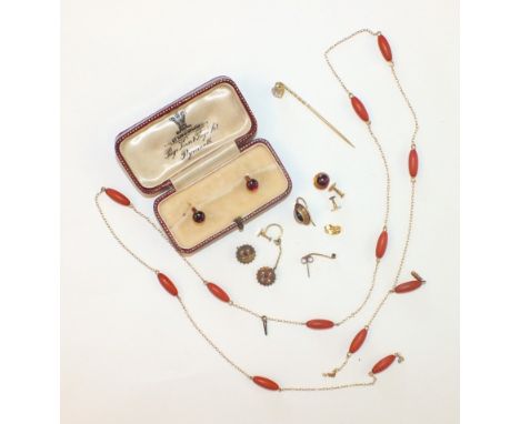 A set of three garnet-topped dress studs, a pair of ruby and pearl-set earrings, (one a/f) and other items.