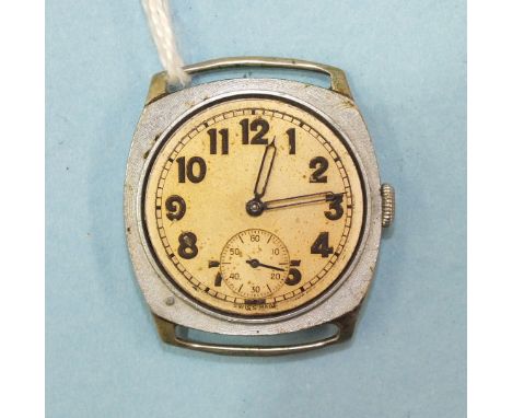 Rolex, a steel-cased cushion-shaped wrist watch c1930's with Arabic numerals and seconds subsidiary, the case numbered 027482