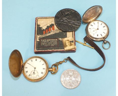 A silver hunter-cased key-wind pocket watch with white enamel dial and seconds subsidiary, a gold-plated hunter-cased keyless