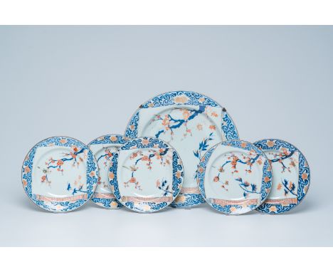 Full title: Five Chinese Imari style plates and a charger with a scroll with a bird among blossoming branches, YongzhengDescr
