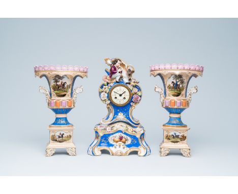 Full title: A pair of French polychrome and gilt Paris porcelain vases with horses and a Jacob Petit style mantel clock, 19th