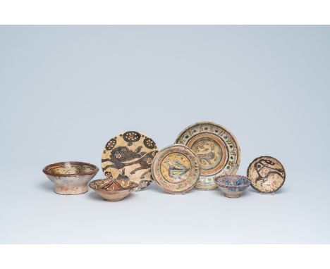 Full title: Three polychrome Islamic and Persian dishes and four bowls with animals and floral design, 14th C. and/or laterDe