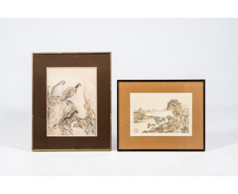 Full title: Chinese school: Two silver pheasants by a waterfall and an impressive river landscape, ink and colours on silk, 2