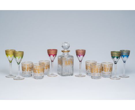 Full title: A Belgian seven piece 'danse de flore' whiskey set and six partly coloured overlay crystal cut glasses, Val Saint