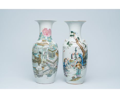 Full title: Two Chinese qianjiang cai vases with '100 antiquities' and scholars admiring a scroll, 19th/20th C.Description: H